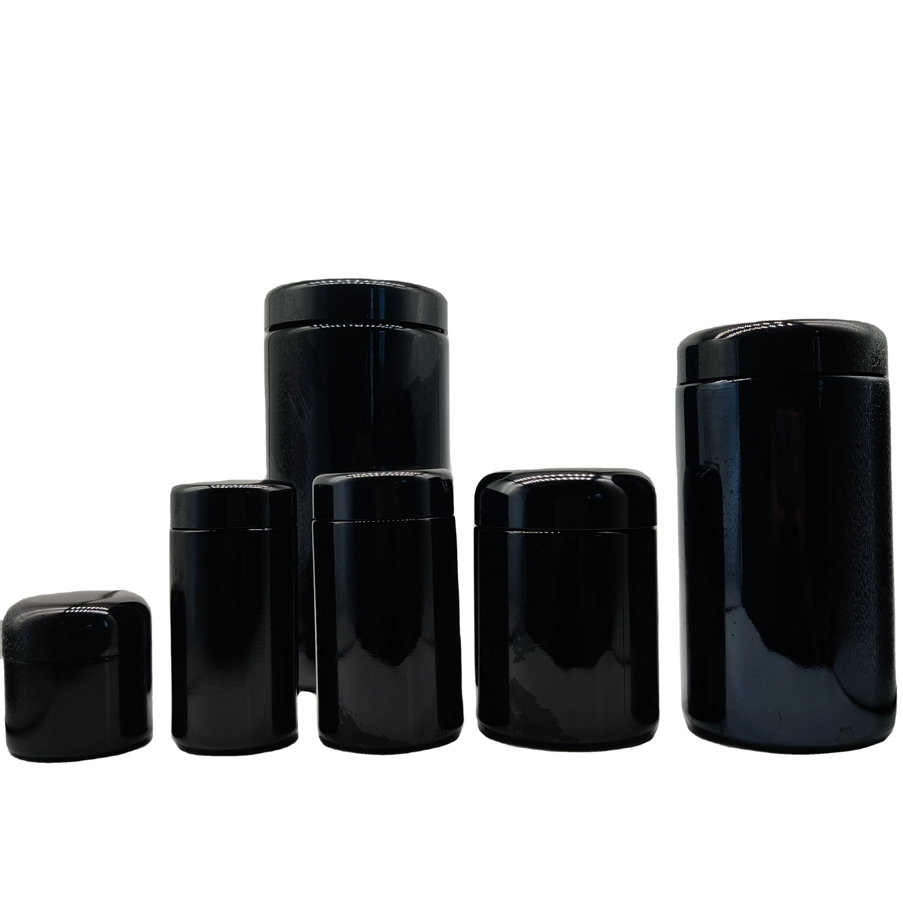 

In Stock 100g-1kg 4oz6oz8oz10oz18oz36oz Dark Violet Cosmetic Black Glass Stash Jars for Tea
