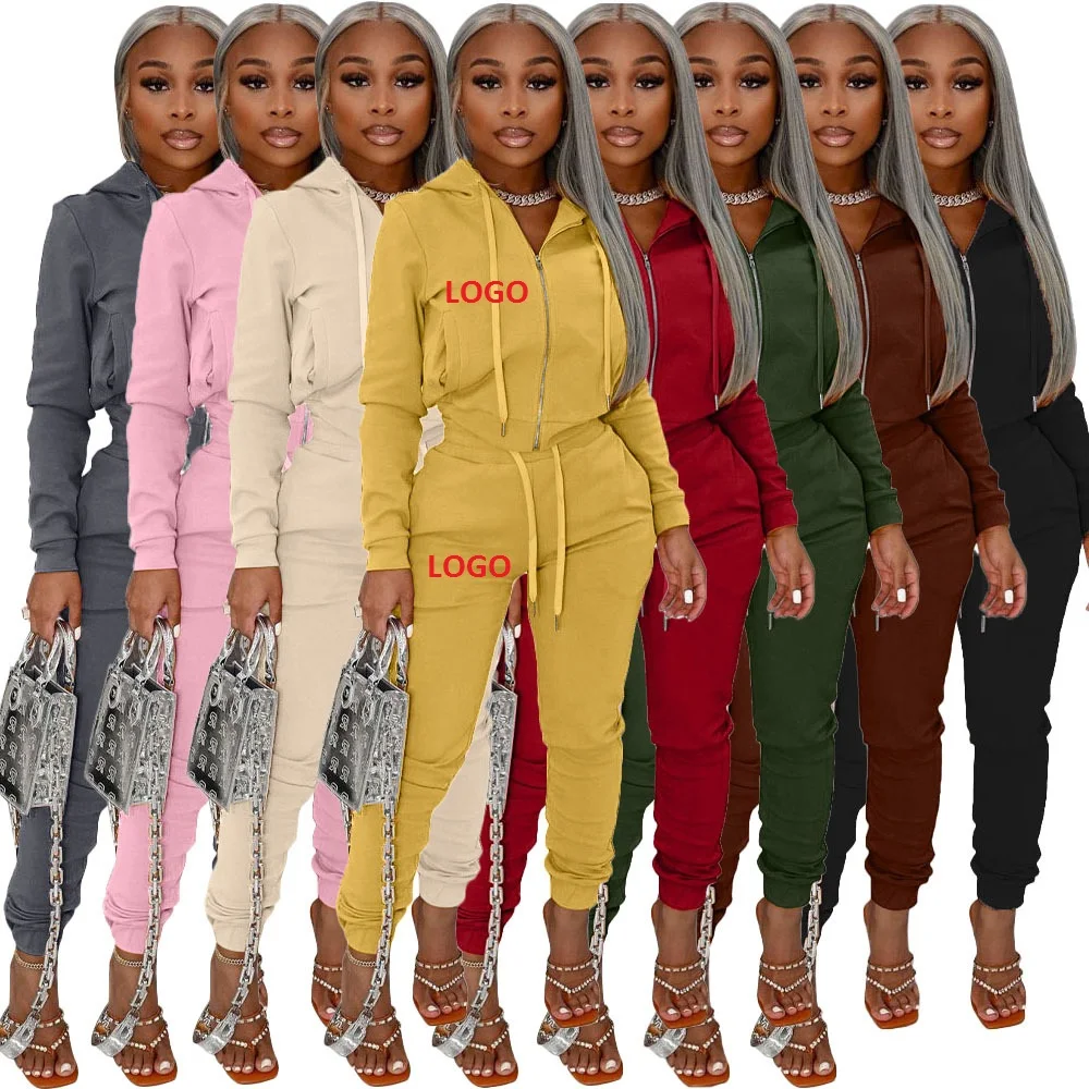 

Custom 2021 Fall Women Zipper Hoodie Set Crop Top And Pants Tracksuits Two Piece Lounge Wear Set Women Sweat Jogging Pants Sets