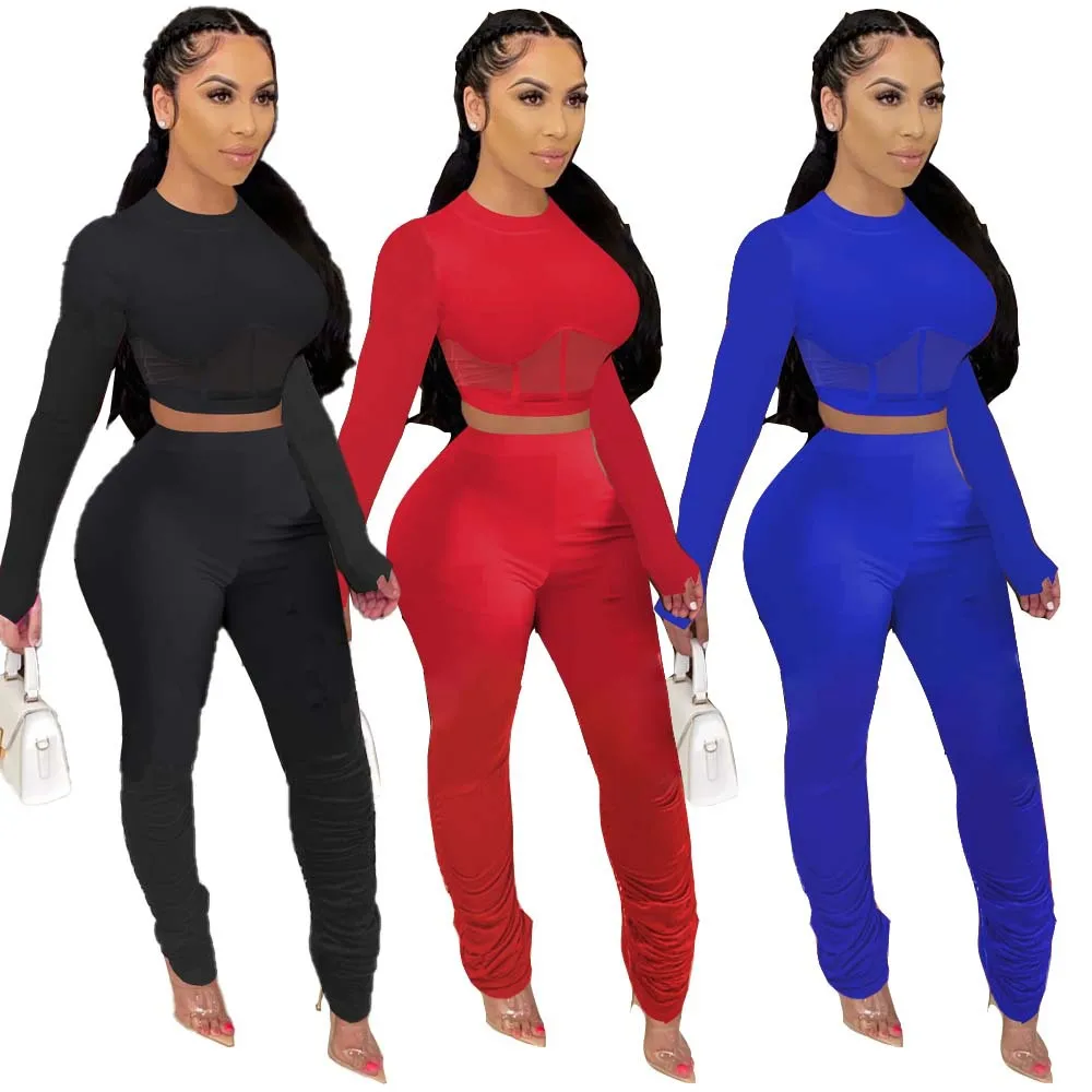 

2021 New Arrivals Fashion Women O-Neck Long Sleeve Crop Stacked Pants 2 Pieces Set Mesh See-through Patchwork Outfits Tracksuit, Picture show