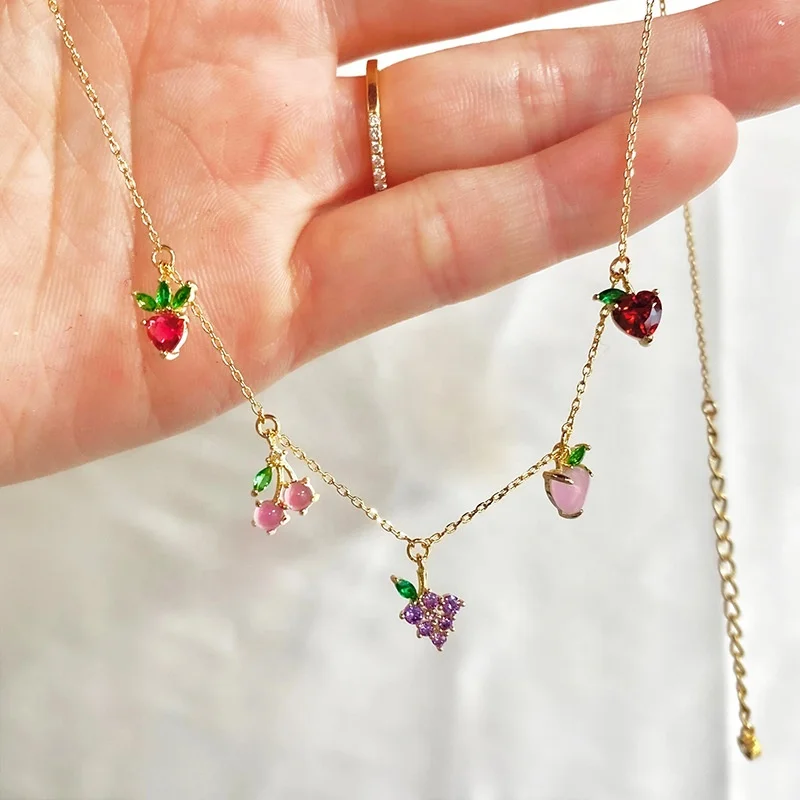 

Hot Korean cute brass 18K gold plated inlay colorful zircon cherry peach fruit choker necklace for women jewelry, As the pic show