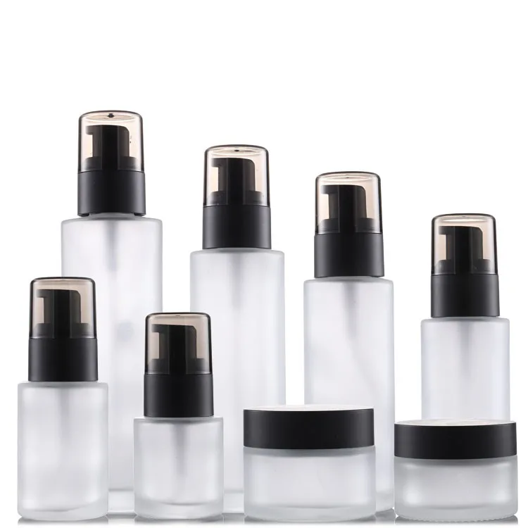 

Wholesale Cosmetic Container 20ml 30ml 50ml 60ml 80ml 100ml Flat Shoulders Frosted Glass Lotion Pump Bottles