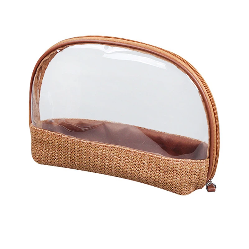 

Hand Knitting Portable Waterproof Cosmetic Bag Colorful Straw Makeup Bag, Dark brown / beige / light brown 3 colors