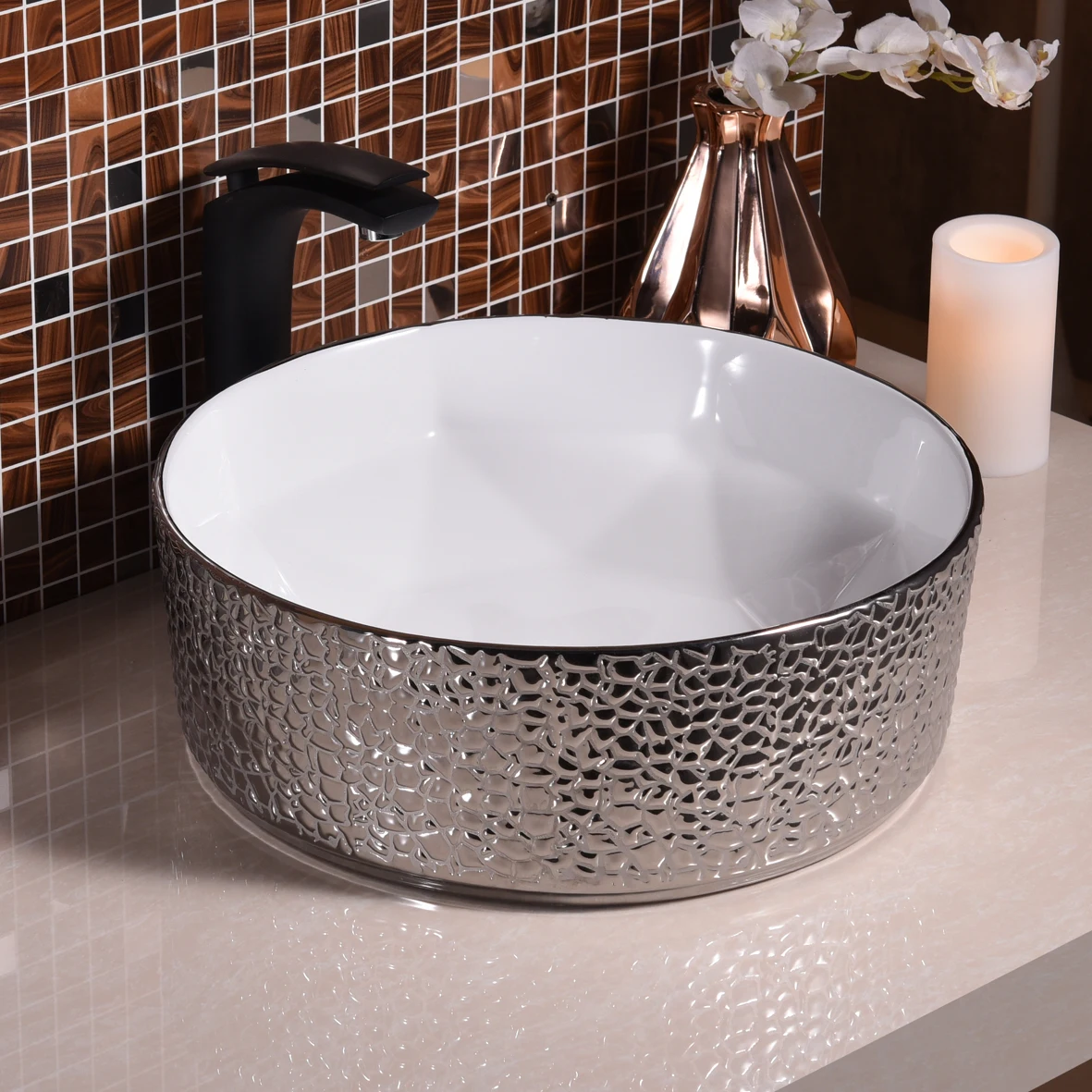 欧式高档奢华酒店浴室台面蓝色洗手水槽陶瓷圆形计数器卫浴颜色盆地