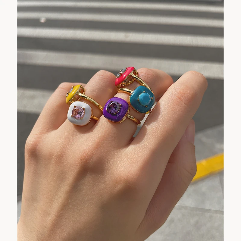 

5 Colors Y2K Round Cubic Zircon Square Enamel Ring Chic Trendy Adjustable Rings for Women INS Hot Colorful Cute Jewelry 2021, Gold