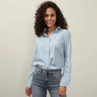 

Latest Design 100% Cotton Tops Ladies Blue Office Casual Long Sleeve Shirt Stripe Blouse Women