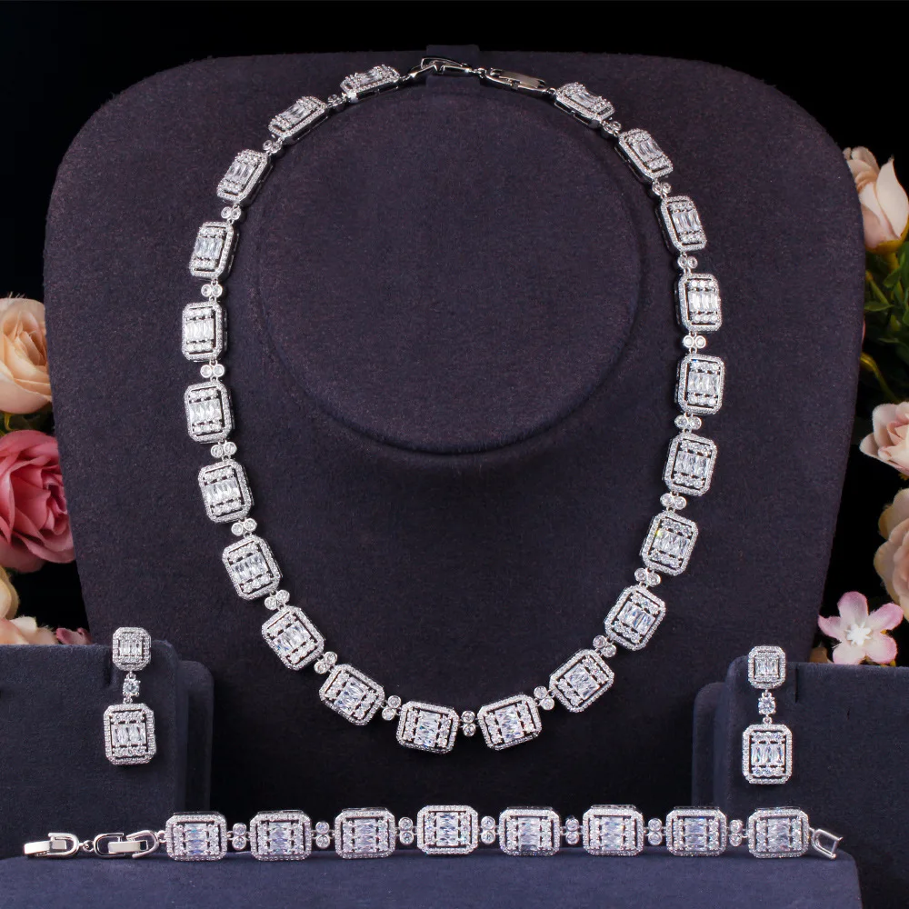 

Shiny African White Cubic Zirconia Bridal Necklace Jewelry Set for Wedding Women Evening Party Dress Accessories