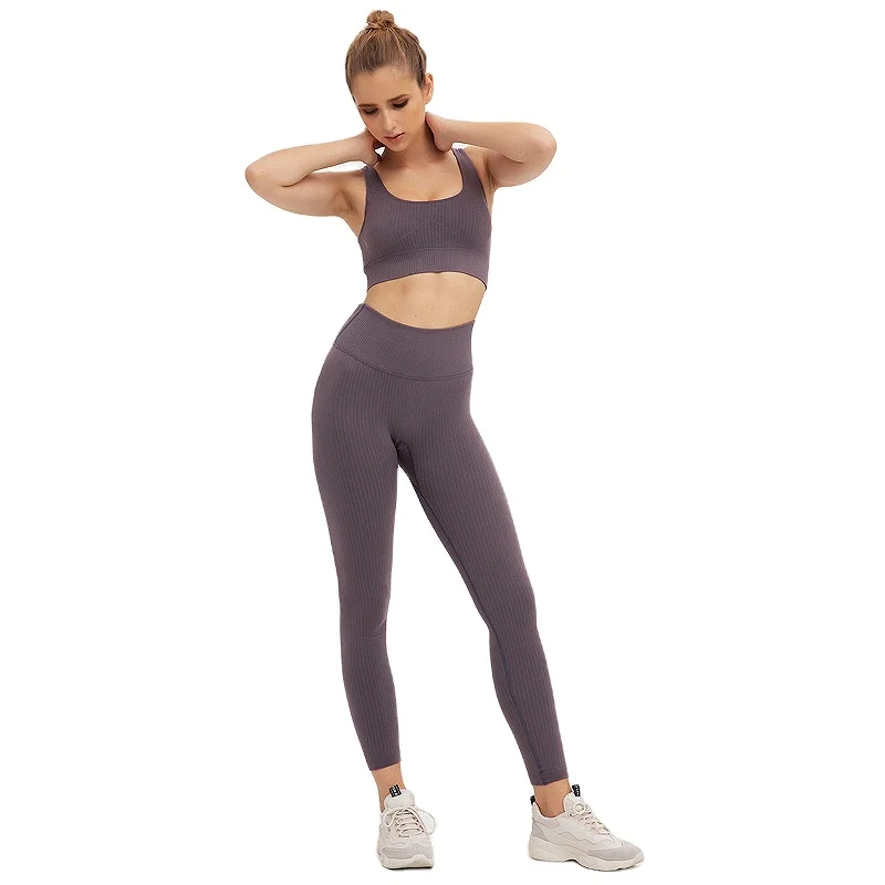 

2022 NEW High quality solid color comfortable ribbed fabric women fitness yoga sets, Shown