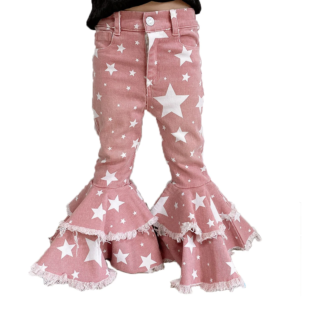 

Free shipping new design jeans girls double flared denim bell bottoms Kid star flared jeans