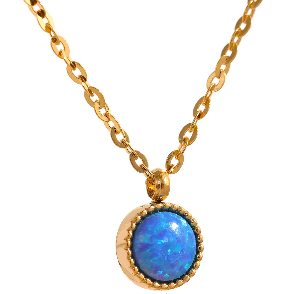 

JINYOU 883 Charm Chic Blue Opal Natural Stone Small Pendant Stainless Steel Gold Necklace Waterproof Minimalist Jewelry Women