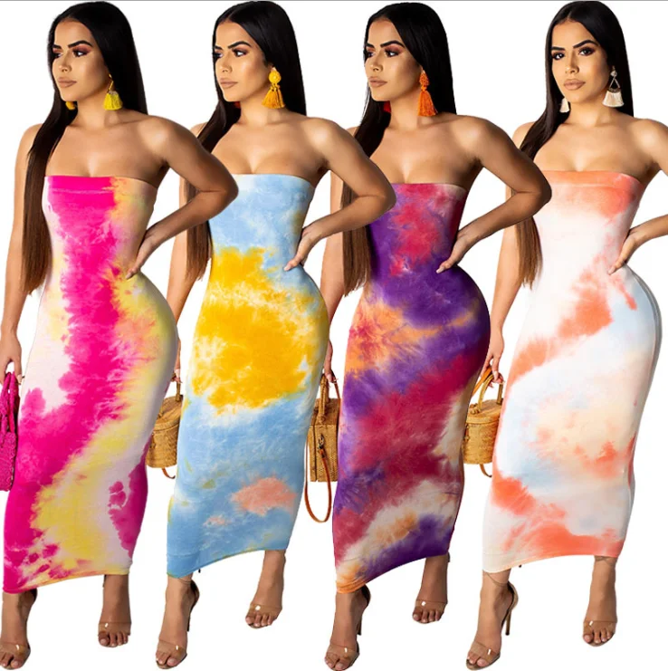 

Summer New Style Bodycon Ladies Dress Flower Print Tie Dye Women Lady Elegant Girls Maxi Dresses, Shown