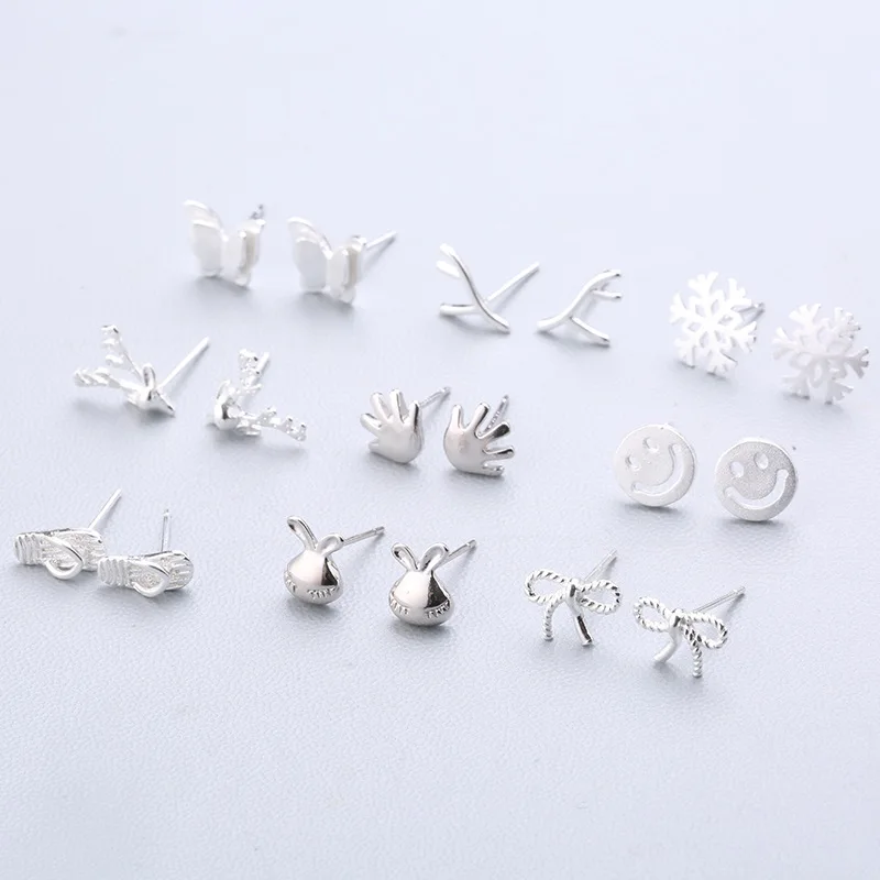 

925 Sterling Silver Ear Pin Mini Tiny Star Snowflower Elk Bowknot Crown Heart Daisy Slipper Butterfly Foot Bird Stud Earrings