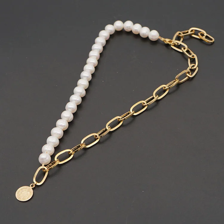 Chic Gold Plated Stainless Steel Paperclip Chain Pearl Coin Statement ...