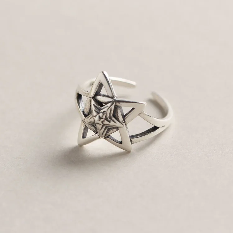 

Vintage 925 Sterling Silver Double Star Women Finger Adjustable Rings Jewelry