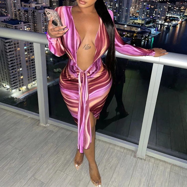 

2021 New Arrivals Women Clothes Deep V Neck Long Sleeve Club Dresses Ladies Hot Night Dress Sexy -PT, Purple