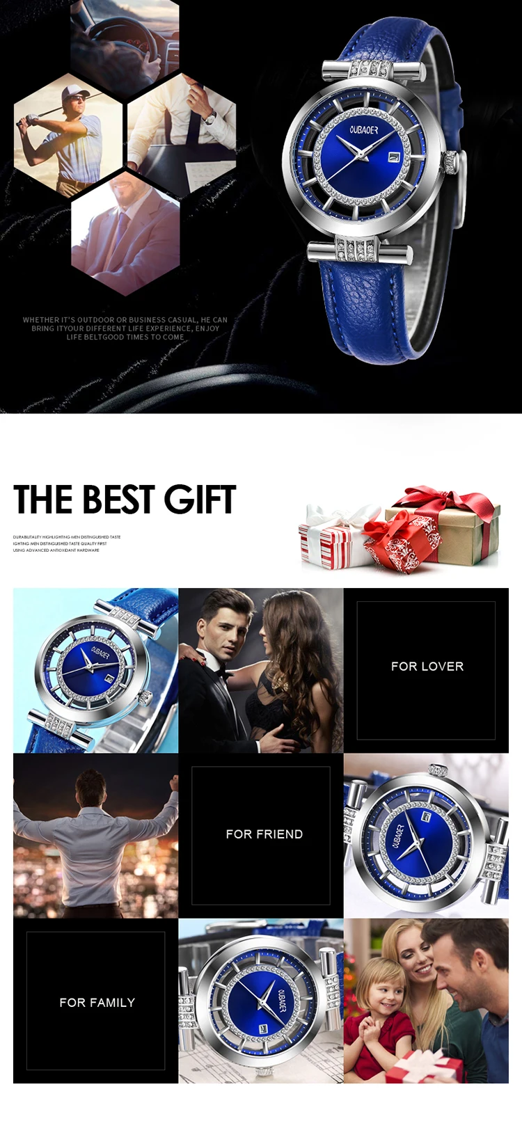 OUBAOER 2007 Luxe Blauw Dames Quartz Horloge Beste Leren Band Waterdicht Analoog Display Eenvoudig Armband Polshorloge