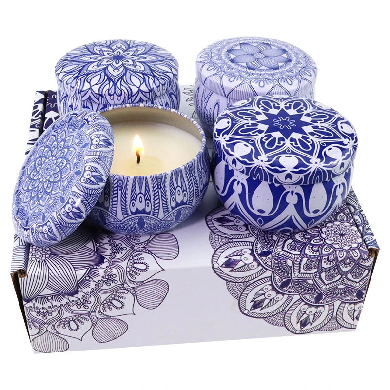 

New Blue and White Porcelain Style 100% Soy Wax Gift Set 2.2oz Tin Citronella Candles