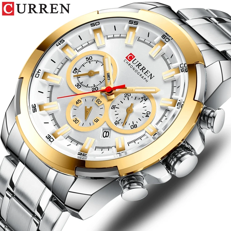 CURREN 8361 Custom Logo Quartz Watch Luxury Stainless Steel Men's Watch Silver Chronograph Male Wristwatch