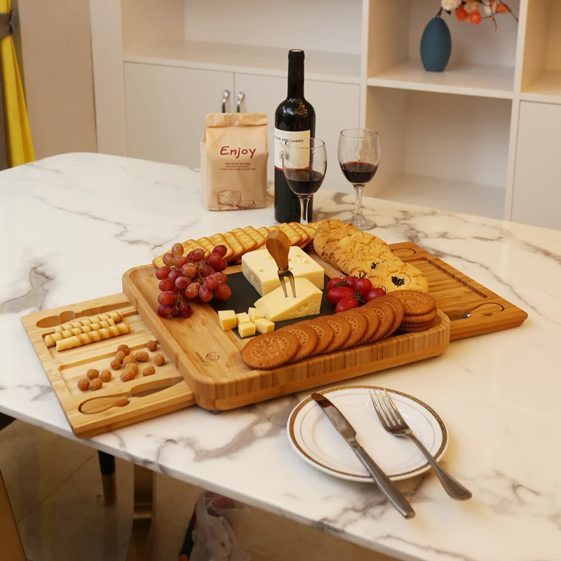 Two drawer cheese board set with rock board bamboo wood and fork set