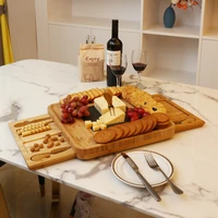 

Two drawer cheese board set with rock board bamboo wood and fork set