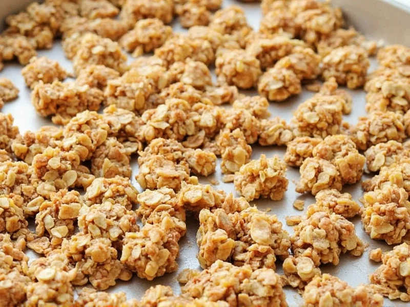 Baking homemade granola on sheet pan with golden clusters