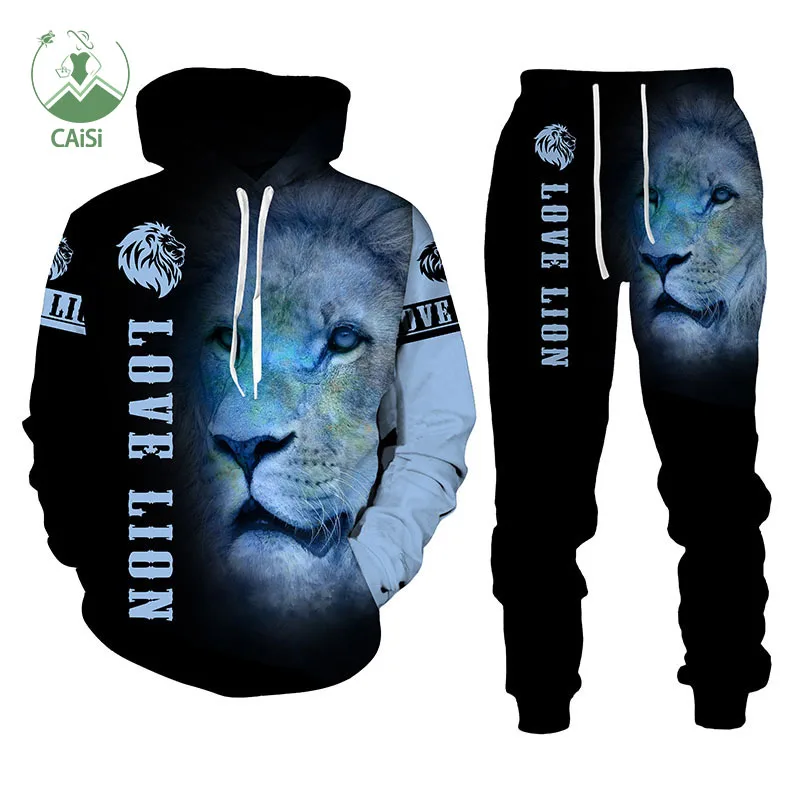 Custom Men's Clothing Two Piece Set Fashion Tracksuit 3D Lion Printed Sweatpants and Hoodie Set Men Casual Sport Jogging Suits