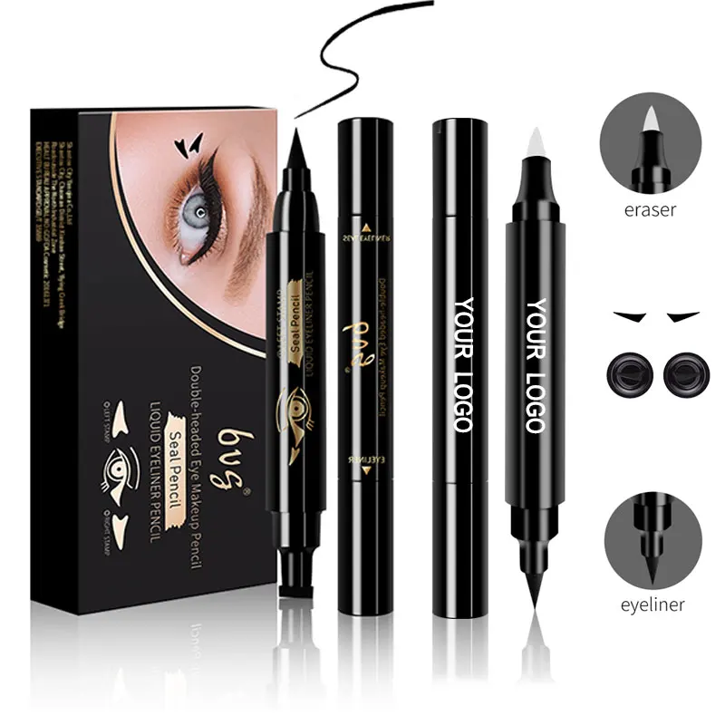 

Private Label Winged Eyeliner Stamp Low MOQ Custom Stencil Eyeliner Waterproof Double Head Eyeliner Eraser Pen