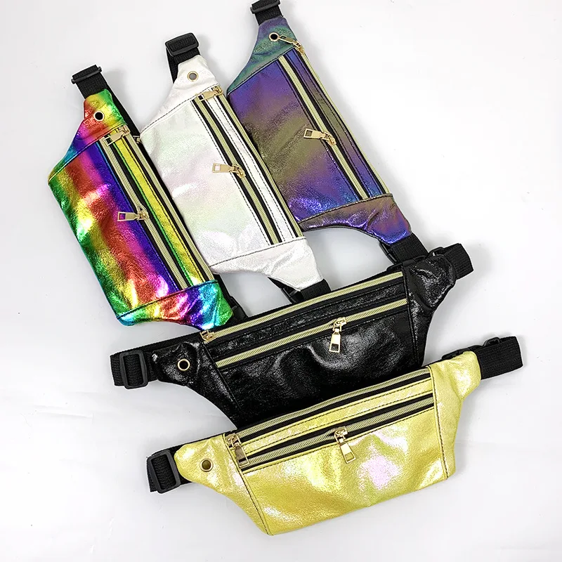 

Outdoor Travel Sports Fashion 3 Compartments Rainbow Holographic PU Leather Chest Waist Bag Shiny Fanny Pack, 5 choices