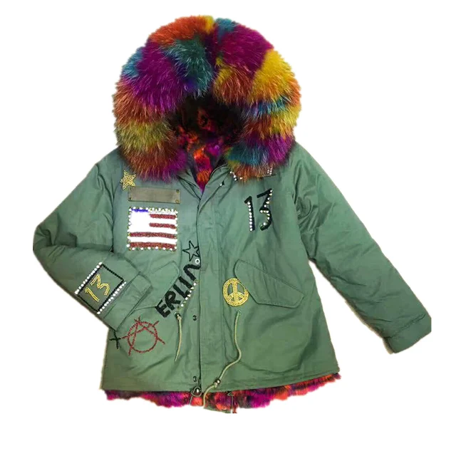 

American Flag Winter Rainbow Color Fur Hooded Parka Coat Beading Letter Bomber Jacket For Female