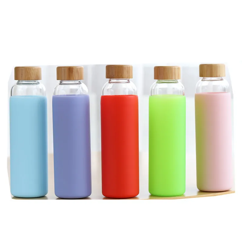 

Wholesale bamboo lid glass single layer silicone sleeve water bottle, As picture