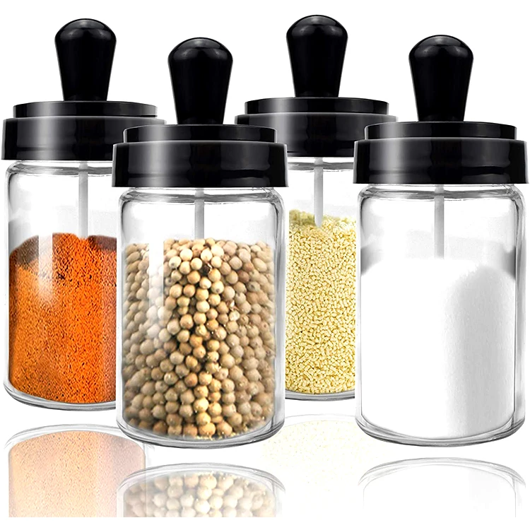 

Plastic lid spoon home kitchen salt pepper glass food spice storage bottles, White/clear/pink/ green, or we do customized color for you