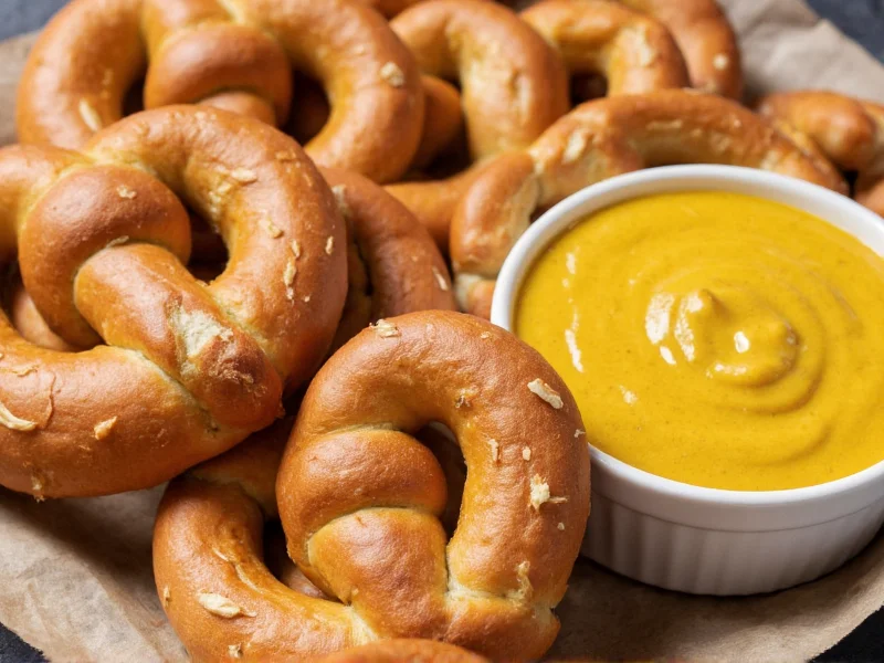 Freshly baked pretzels served with yellow mustard for dipping