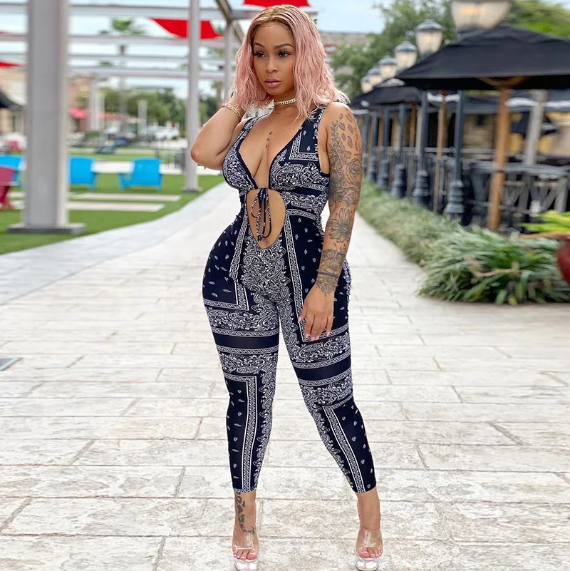 

Hot Selling Trending Printed Sexy Hollow Pants Sleeveless Bandage Bodysuits For Women 2021