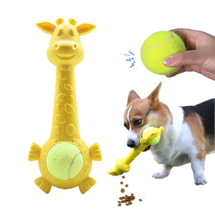 

Indestructible Giraffe Natural Rubber Dog Enrichment Toy Teething Interactive Treat Dispenser Dog Chew Toy with Tennis Ball