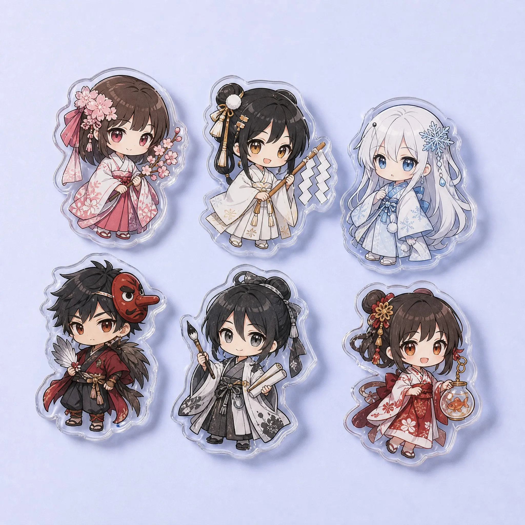 6 Anime Chibi Character Acrylic Grips: Sakura Kimono, Priestess Miko, Snow Maiden, Tengu Warrior, Scholar, Goldfish Girl