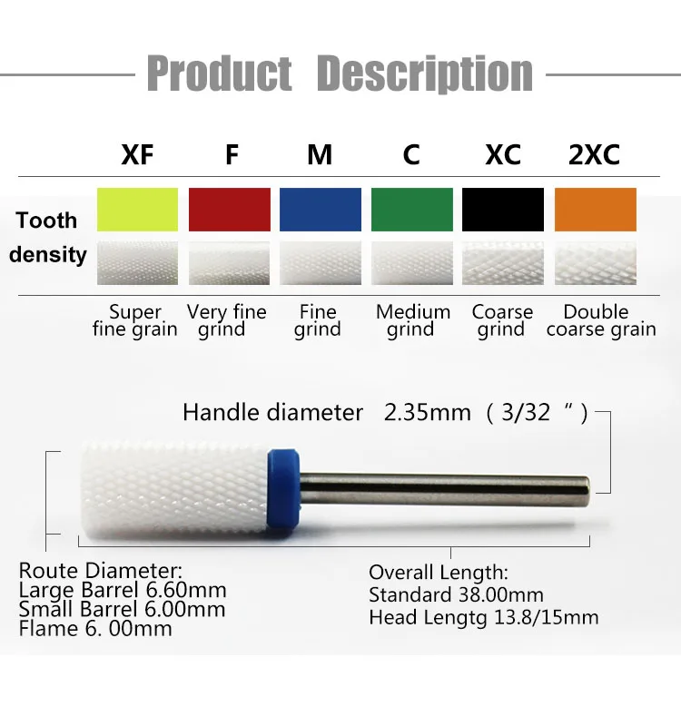 

barrel ceramic flame nail drill bit cuticle clean remover, Red,blue,dark green,black,yellow