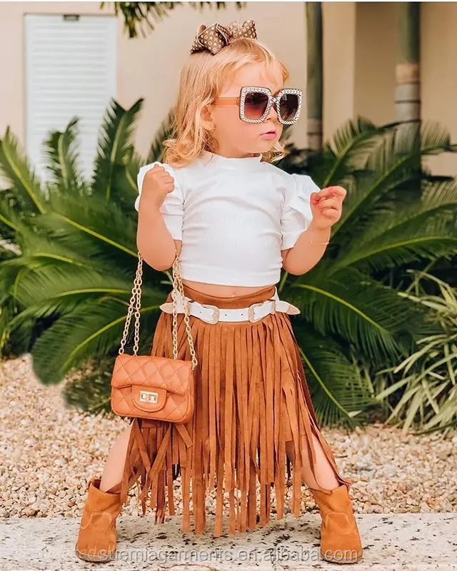 

Kids Toddler Clothes Puff Sleeve Cotton Ribbed Tops A-Line Tassel Skirts Outfits 2 Piece Girl Sets, Photo showed and customized color