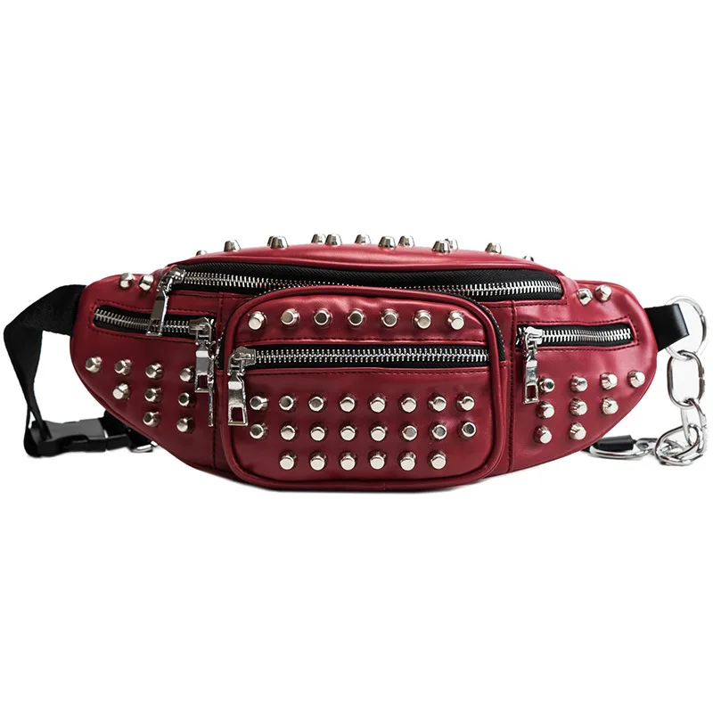 

Factory Wholesale PU leather Chains Sport Fanny Pack with Multi-pocket Women Fashion Rivet Waist Bag