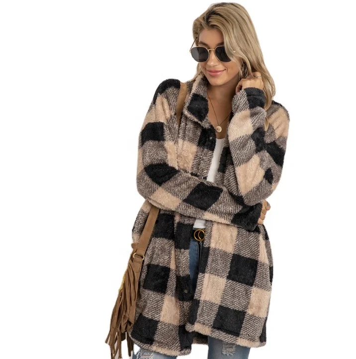 

High quality factory autumn winter turn down collar plaid button up women pocket Sherpa, As picture