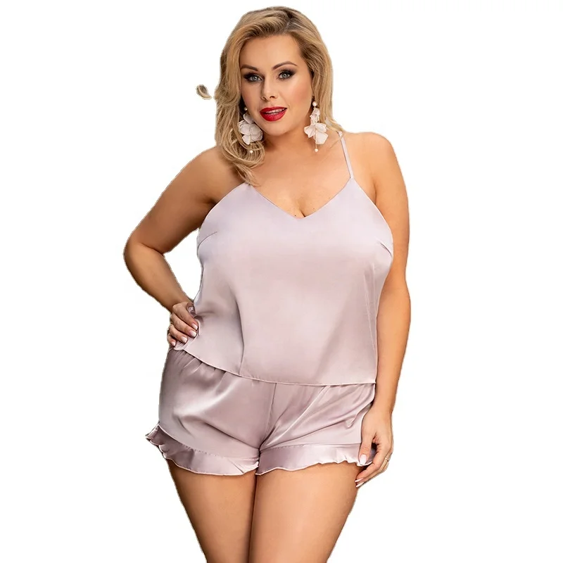 

Custom lace trim silk sleepwear plus size women two piece sexy pajamas short set, Picture shows