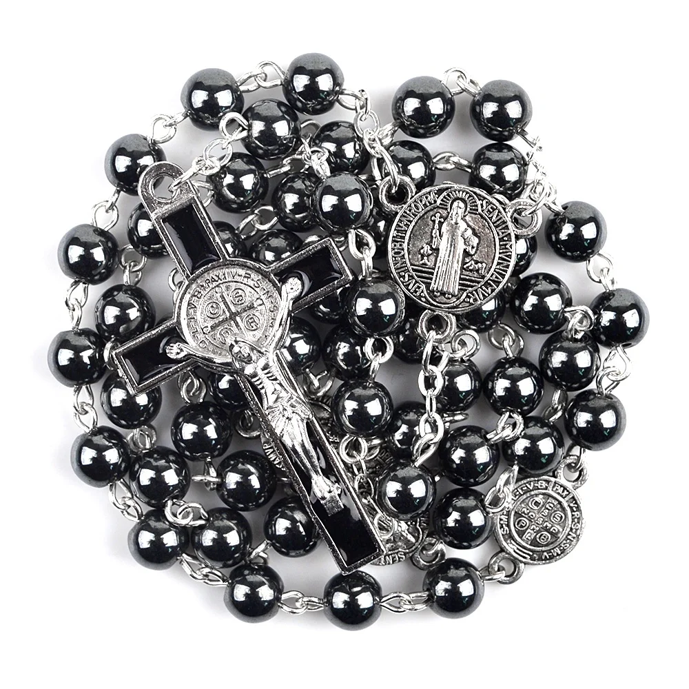

Natural Hematite Stone Beads Color No Fade Silver Chain Rosary St Benedict Medals Black Men Stainless steel Catholic Rosaries
