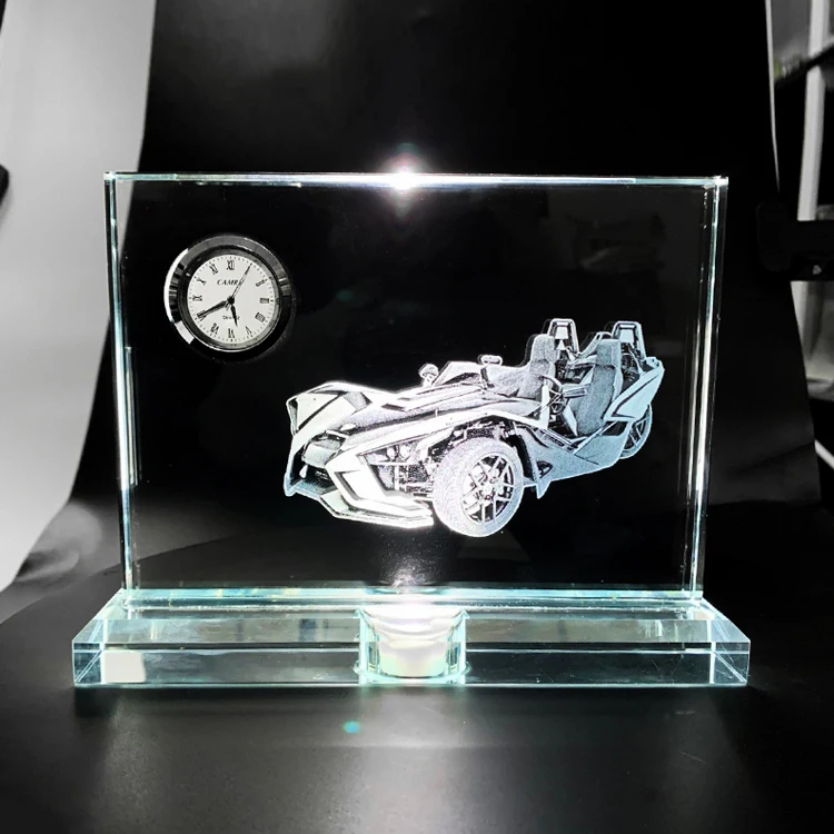 

wholesale new design k9 blank Sublimation crystal glass trophy custom logo crystal clock with LED base