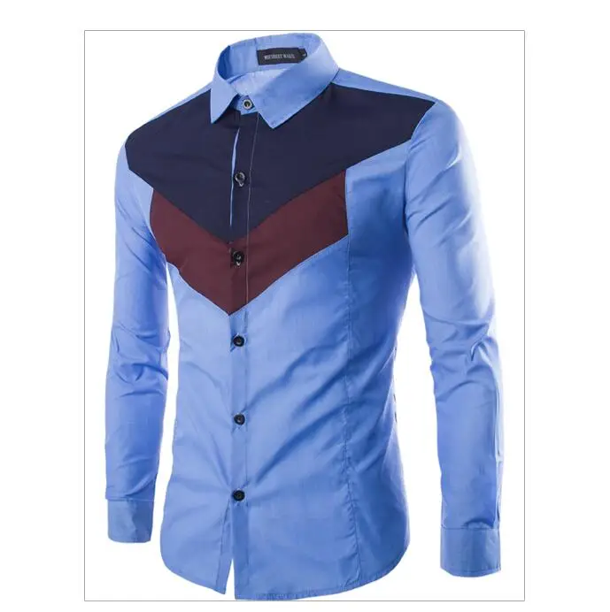 

Hot Sale 6-Colors Men Dress Shirt Social Casual Slim Fit Patchwork Colorblock Long-sleeved Business Wholesale Shirts For Men, Burgundy,khaki,white,black,blue,navy