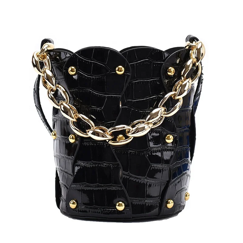 

Fashion Crossbody Chain Shoulder Rivet Pu Stone Pattern Women Bucket Leather Bag