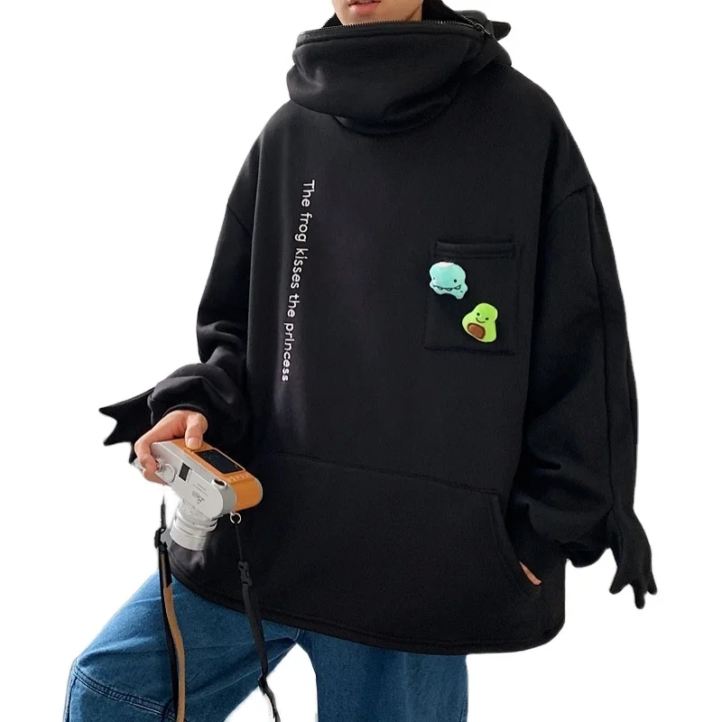

super frog trend design loose oversized zipper colorful men high fashion hoodies, White, green, black