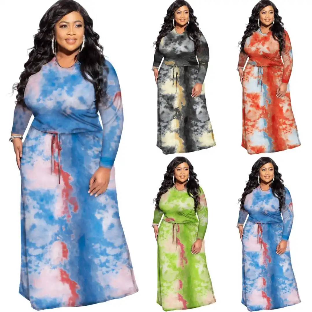 

long sleeve Tie Dye 5XL Party Dress Plus Size Women Clothing 2021 Long Sleeve Maxi Dresses Summer Casual Clothes