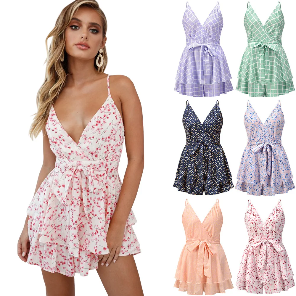 

Sexy Sling Backless Playsuits For Women Casual Sleeveless Lace Up Bow Wide Leg Jumpsuit Female Summer Floral Print Short Rompers, Showed