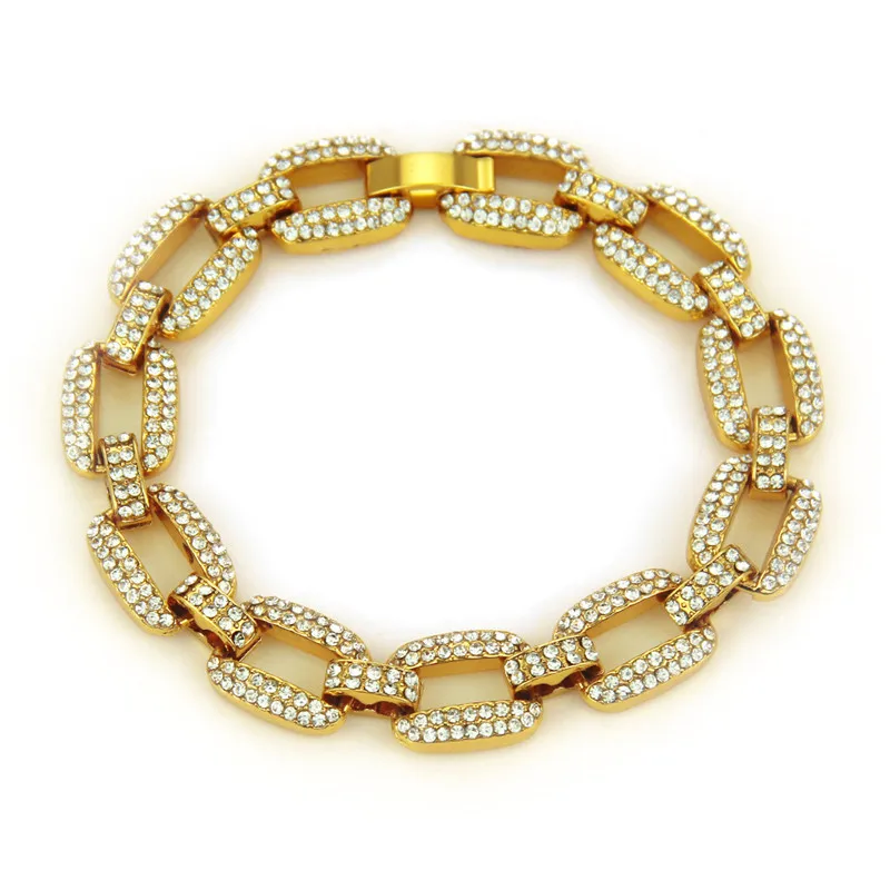 

Hot Selling Wholesale Bracelet Inlaid Rhinestone Crystal Pave Setting Gold/Silver Plated Alloy Hip Hop Men's Hollow Out Chic