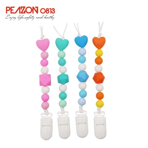 Image of Hot Sale Custom Logo Colourful Non-toxic Wooden Silicone Round Baby Teether Pacifier Chain Clip Holder