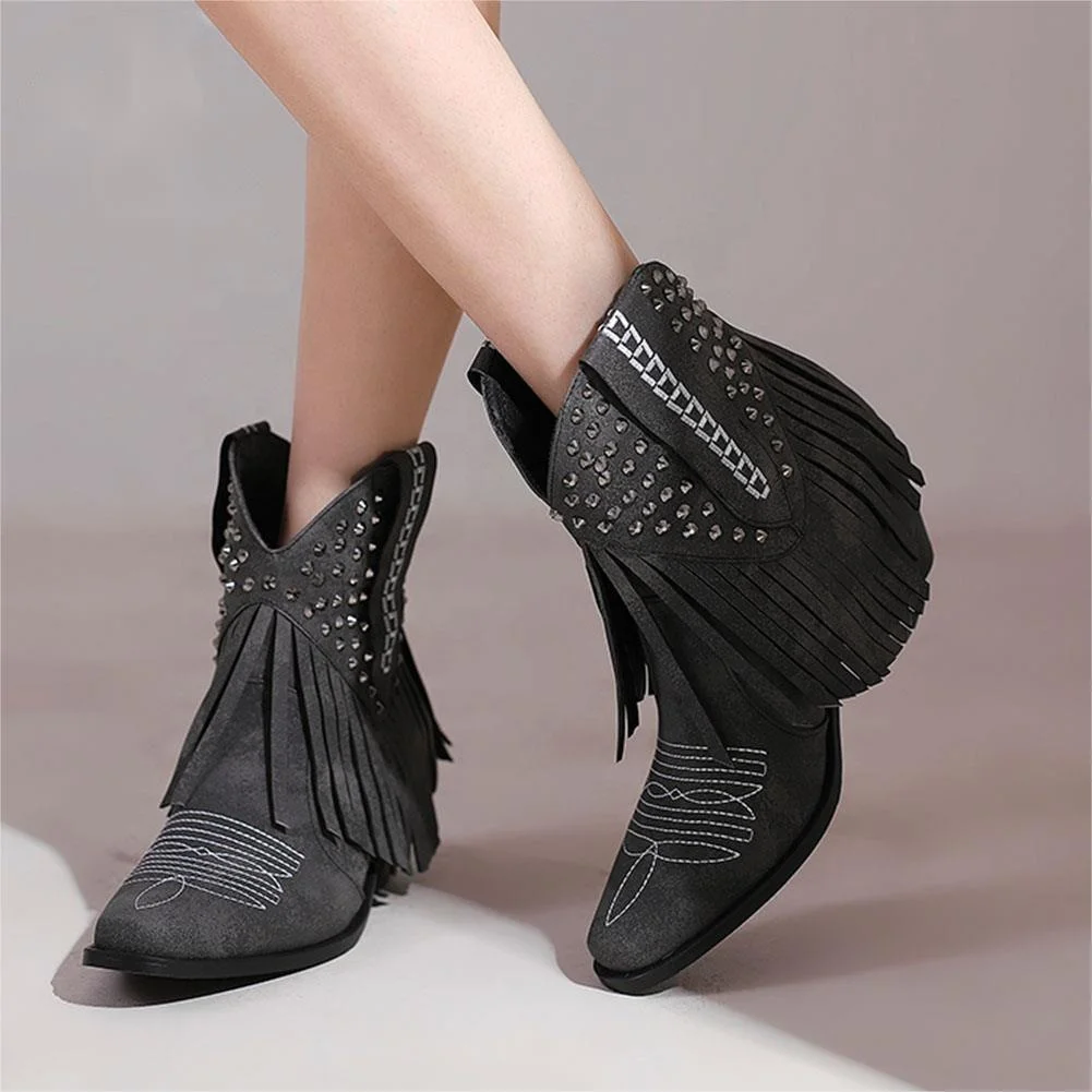 

BUSY GIRL KK4691 Embroidery Tassels Rhinestone Women Boots 2023 Fashion High Heels Shoes Ankle & Bootie Cowboy Boots For Women