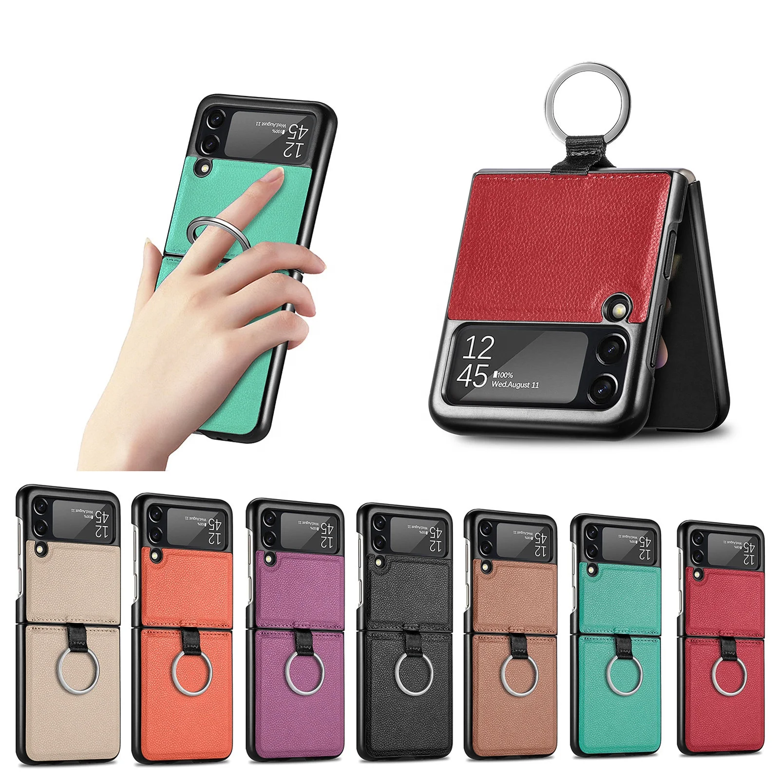 

New Arrival Luxury Leather Ring Holder Phone Case for Samsung Z Flip 3 PC Back Cover for Samsung Z Flip 3 5G, Multi colors